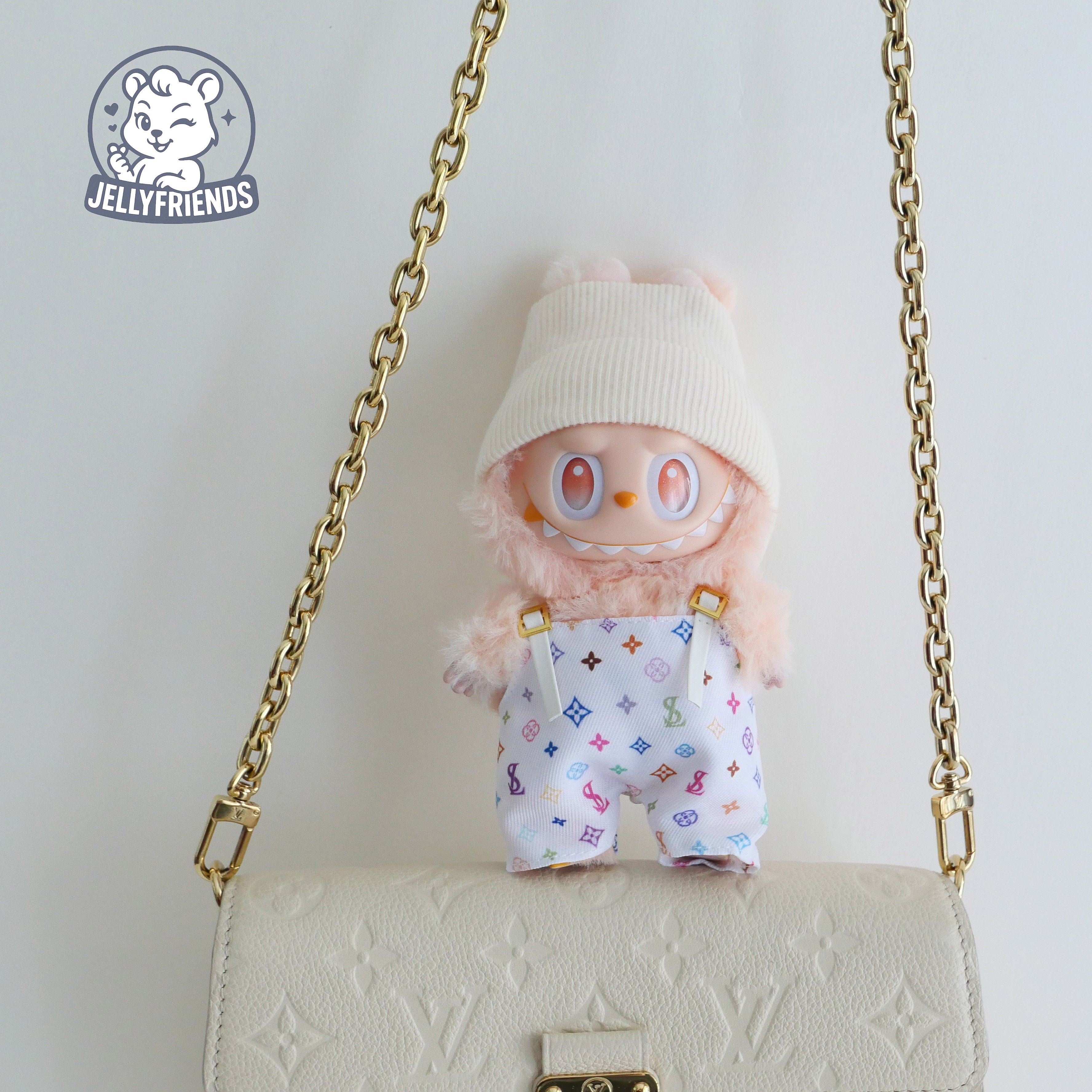 Beige Beanie & Patterned Overalls for Labubu