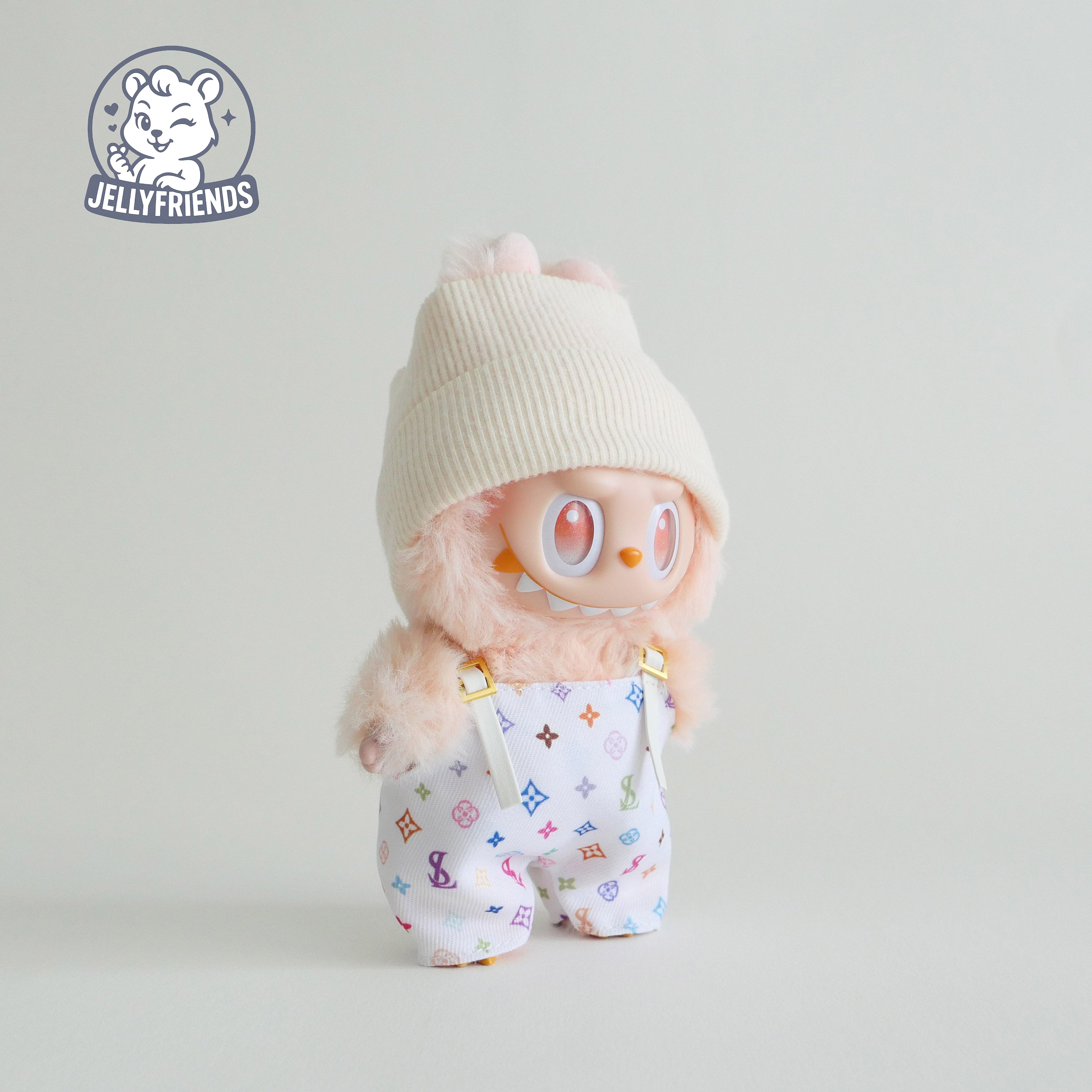 Beige Beanie & Patterned Overalls for Labubu