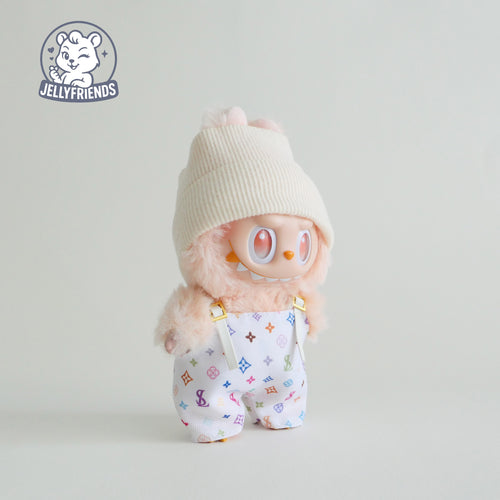 Beige Beanie & Patterned Overalls for Labubu
