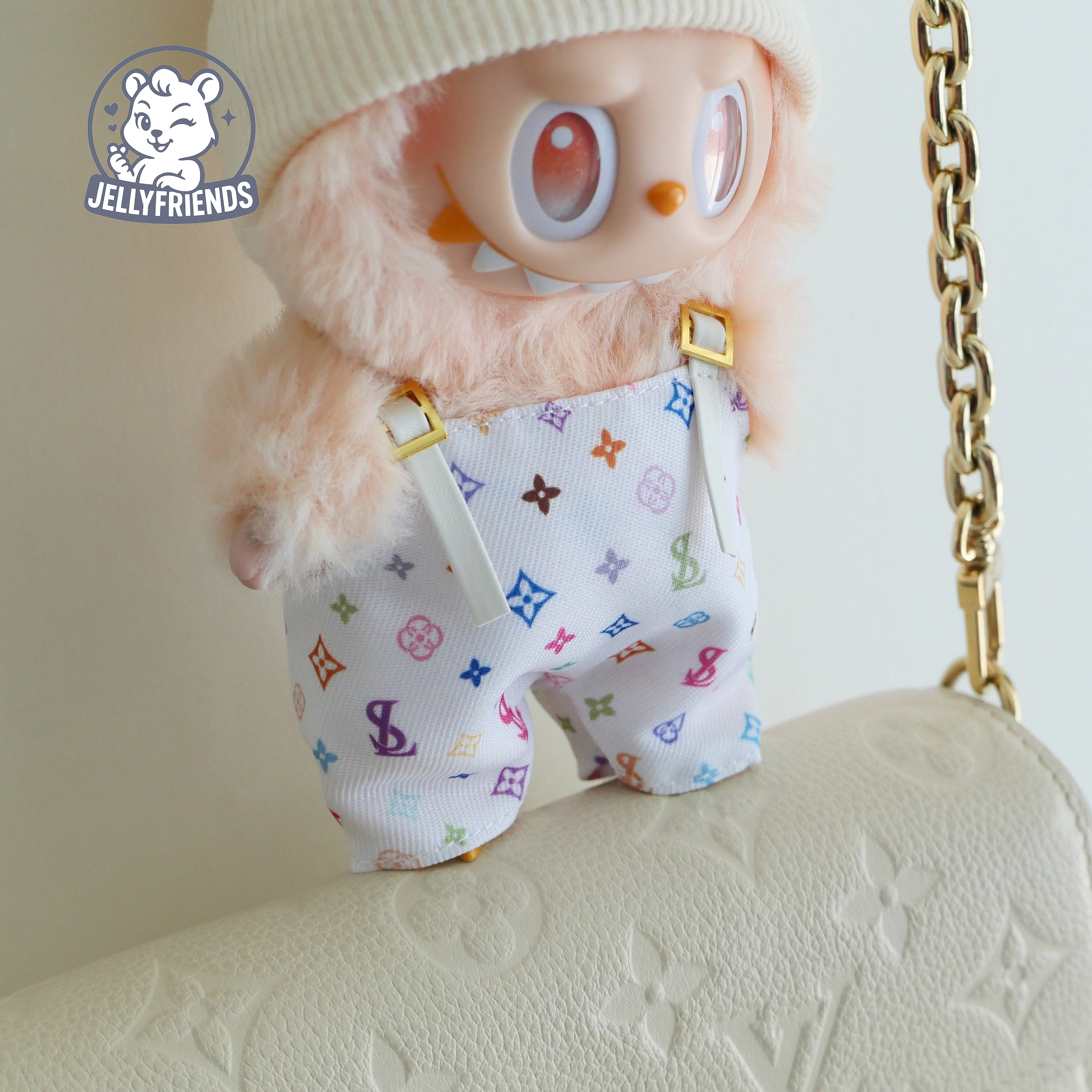 Beige Beanie & Patterned Overalls for Labubu