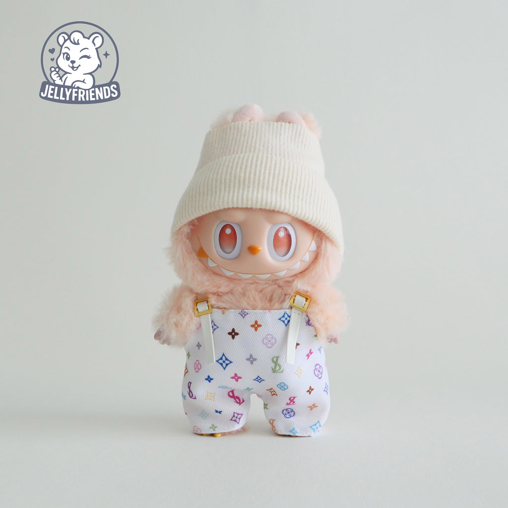 Beige Beanie & Patterned Overalls for Labubu