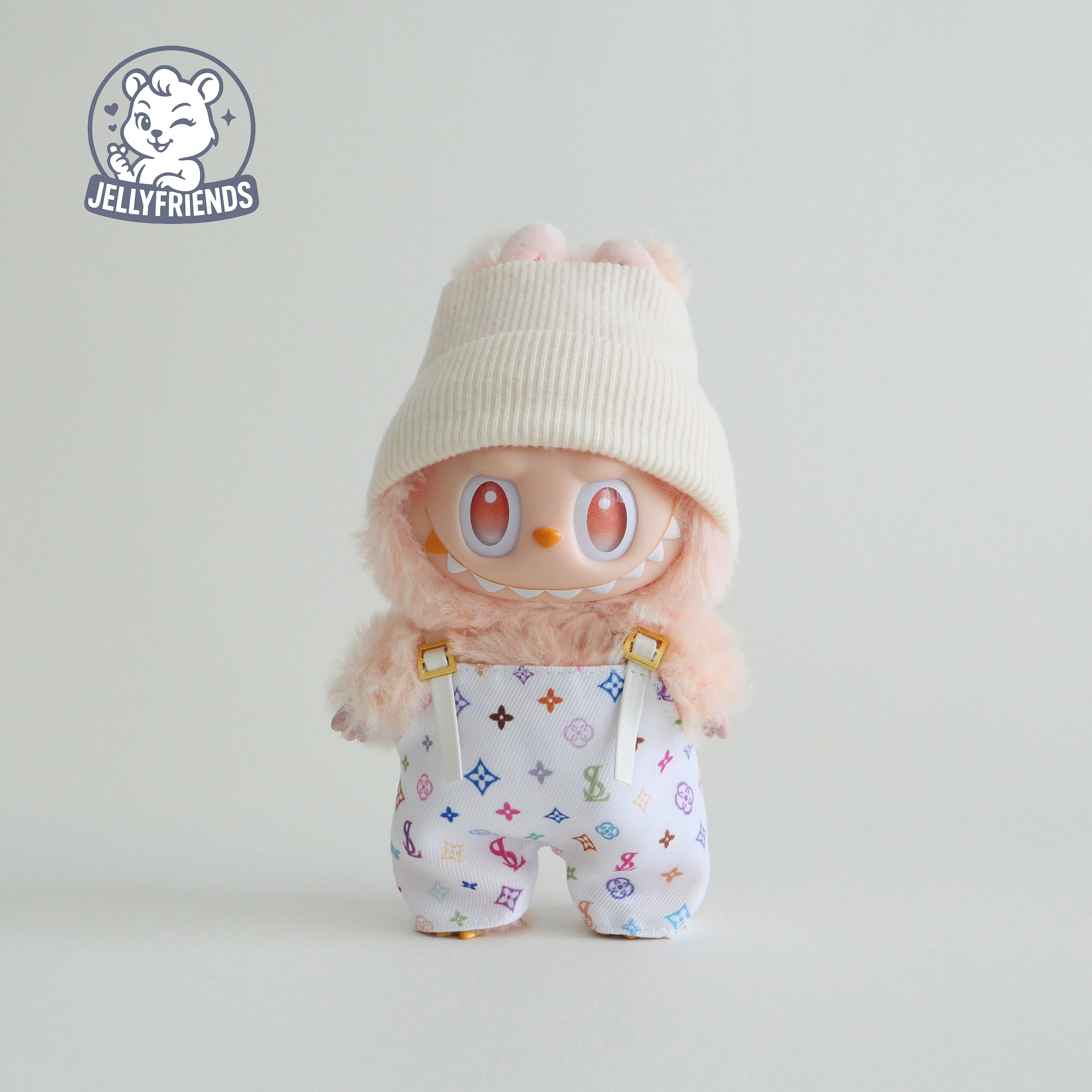Beige Beanie & Patterned Overalls for Labubu
