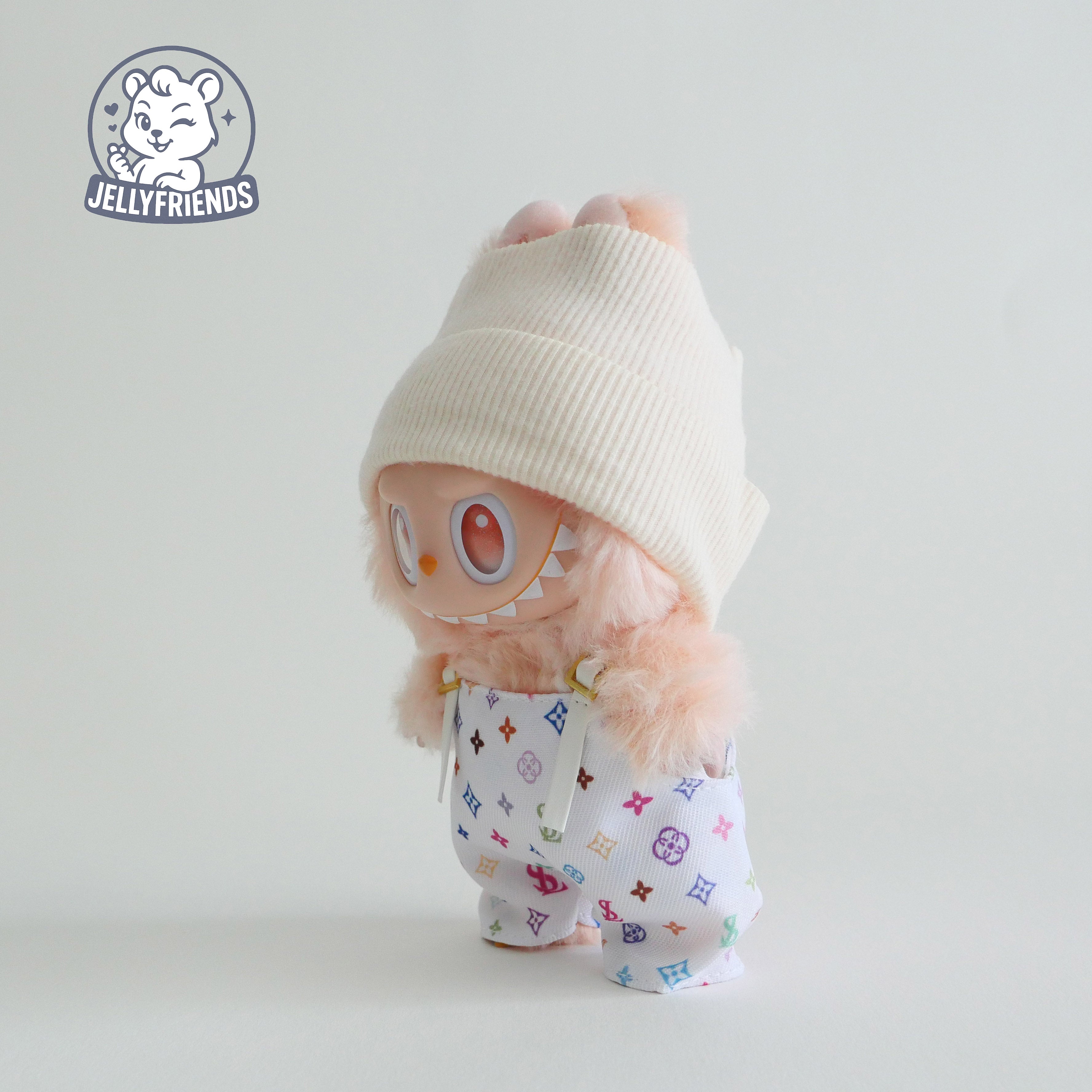 Beige Beanie & Patterned Overalls for Labubu
