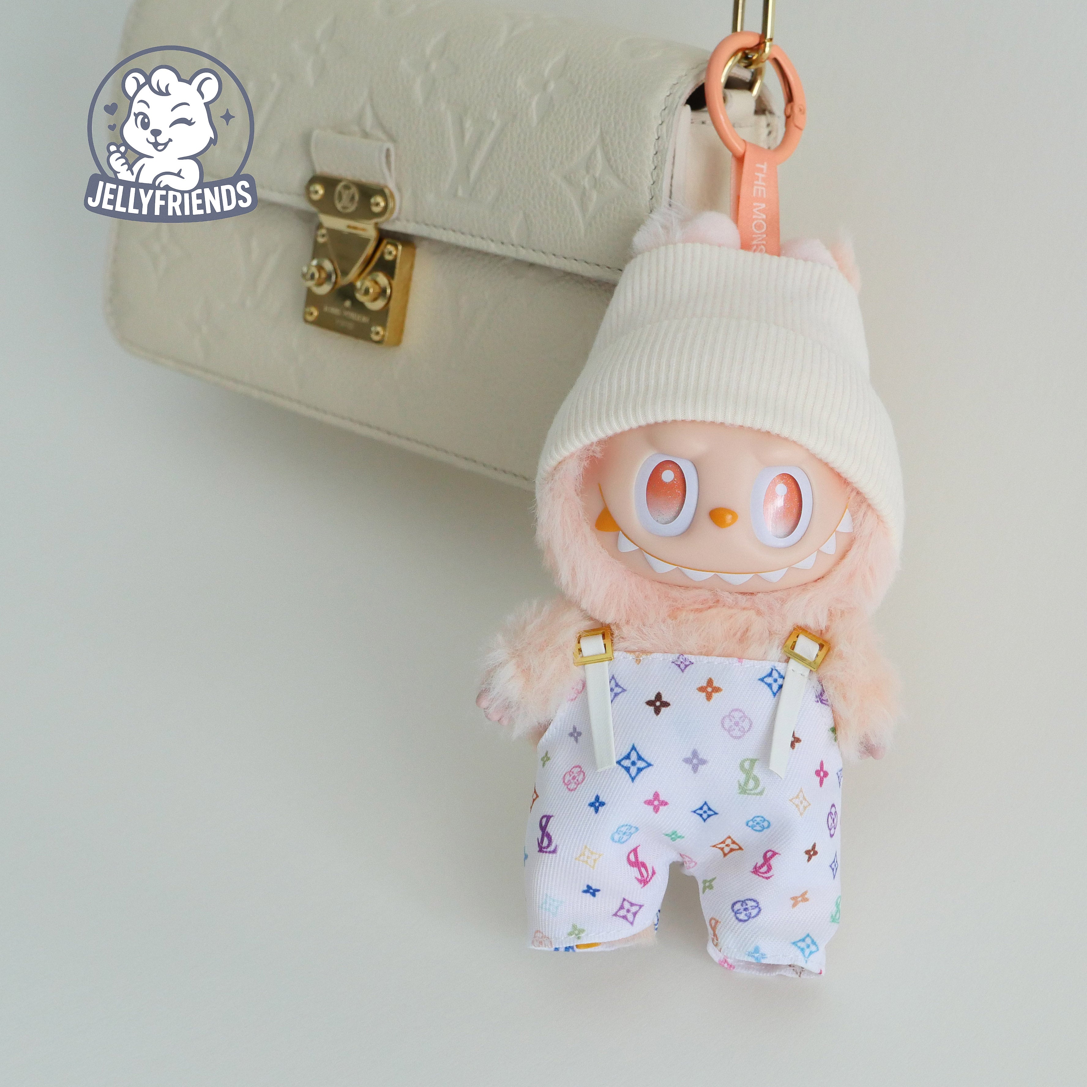 Beige Beanie & Patterned Overalls for Labubu