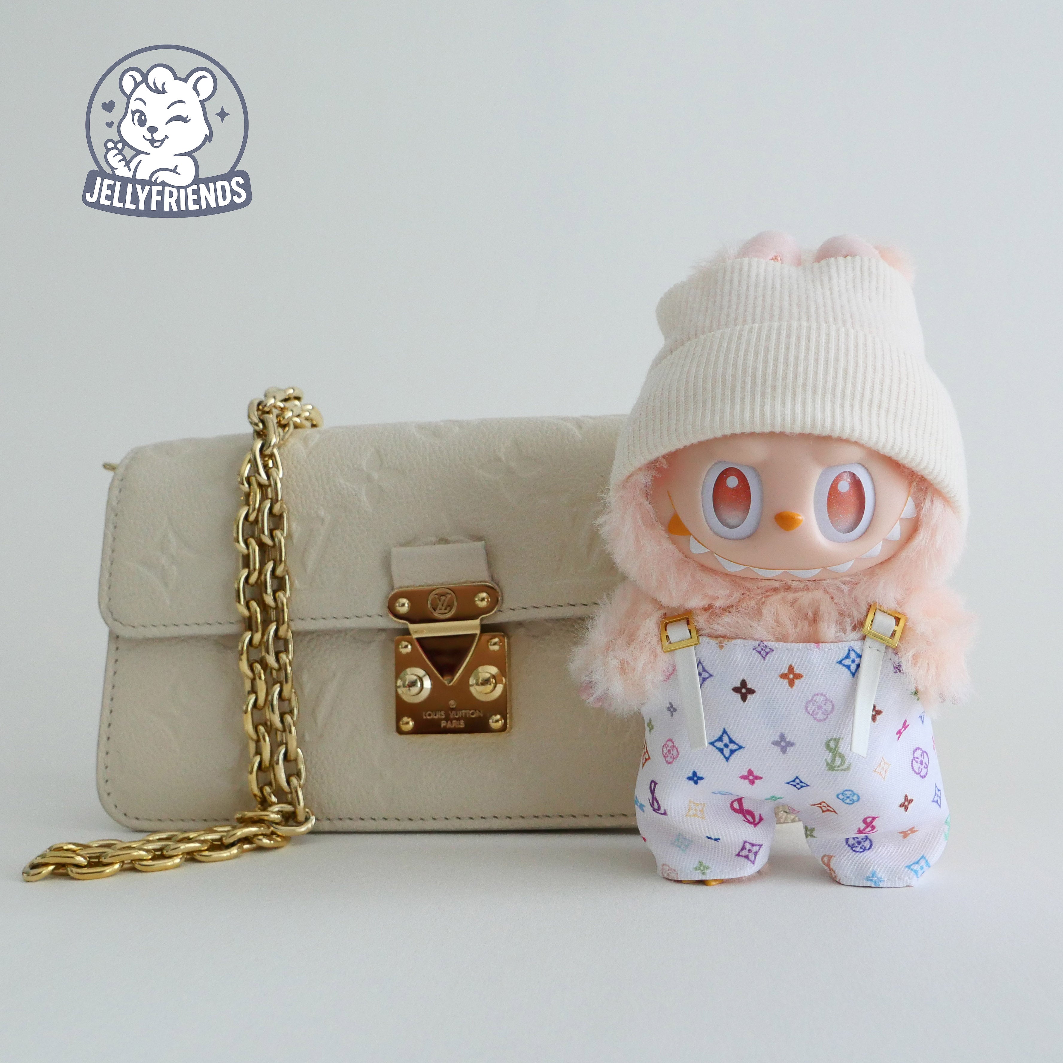 Beige Beanie & Patterned Overalls for Labubu