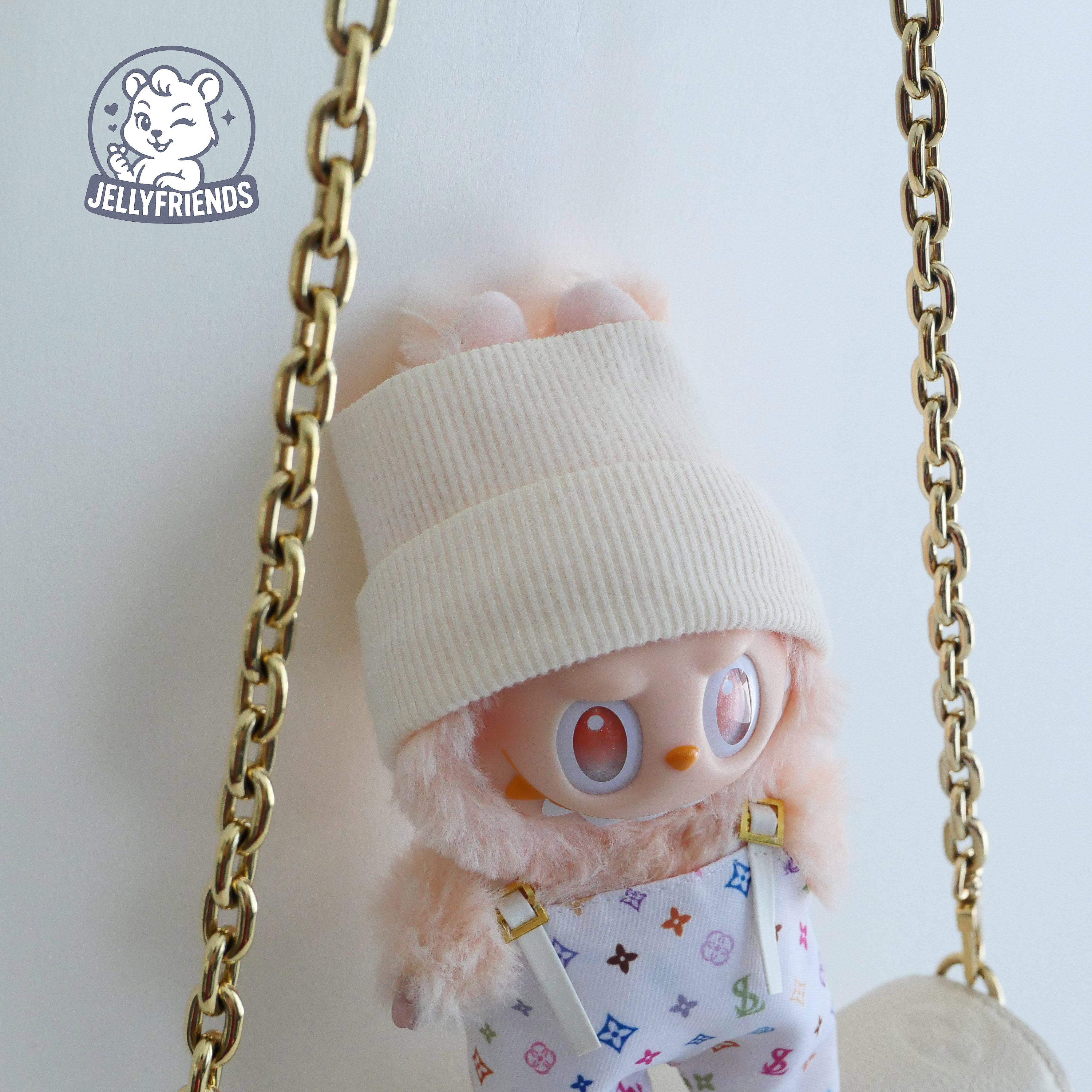 Beige Beanie & Patterned Overalls for Labubu