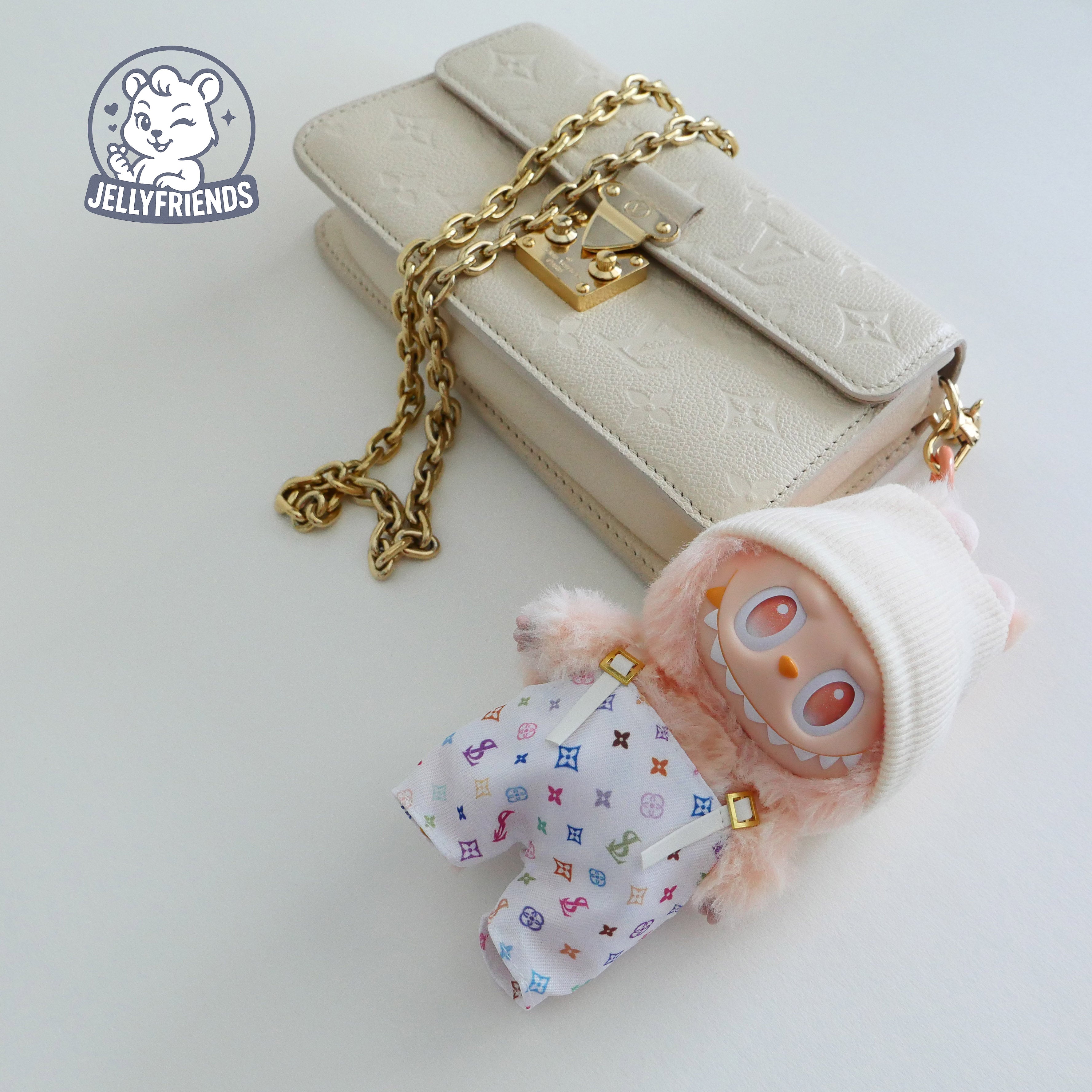 Beige Beanie & Patterned Overalls for Labubu