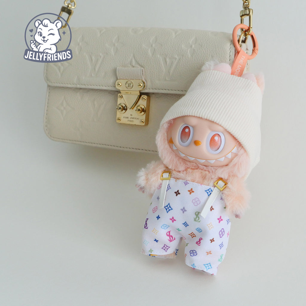 Beige Beanie & Patterned Overalls for Labubu